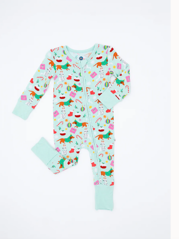 Bamboo One Piece Zip Pajama - Festive Friends Holiday