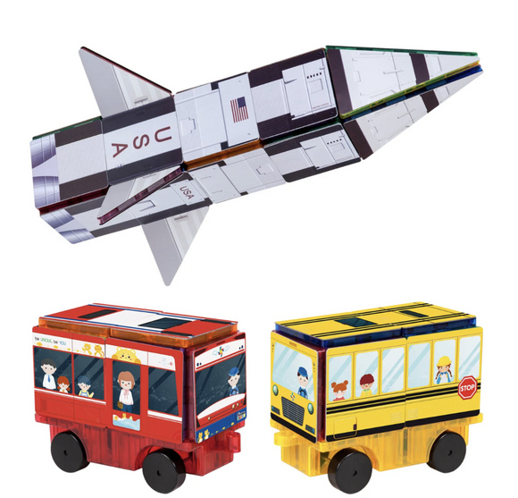 64pc Rocket, Train and School Bus Theme Set