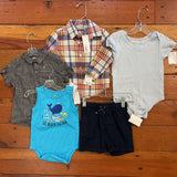 5-Piece Blue/Gray Bundle (Onesie, Shorts, Button-Ups = Romper) - 12/18m -