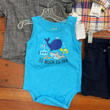 5-Piece Blue/Gray Bundle (Onesie, Shorts, Button-Ups = Romper) - 12/18m -