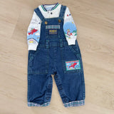 Vintage OshKosh Teddy Bear Airplane Overalls + Shirt Set - 3/6m