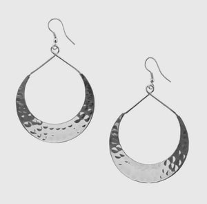 Lunar Crescent Hammered Shiny Silver Hoop Earrings