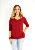 Three-quarter length sleeve breastfeeding shirt in trendy maroon, perfect for the holidays. Made with a buttery-soft viscose blend. Designed in the US. 